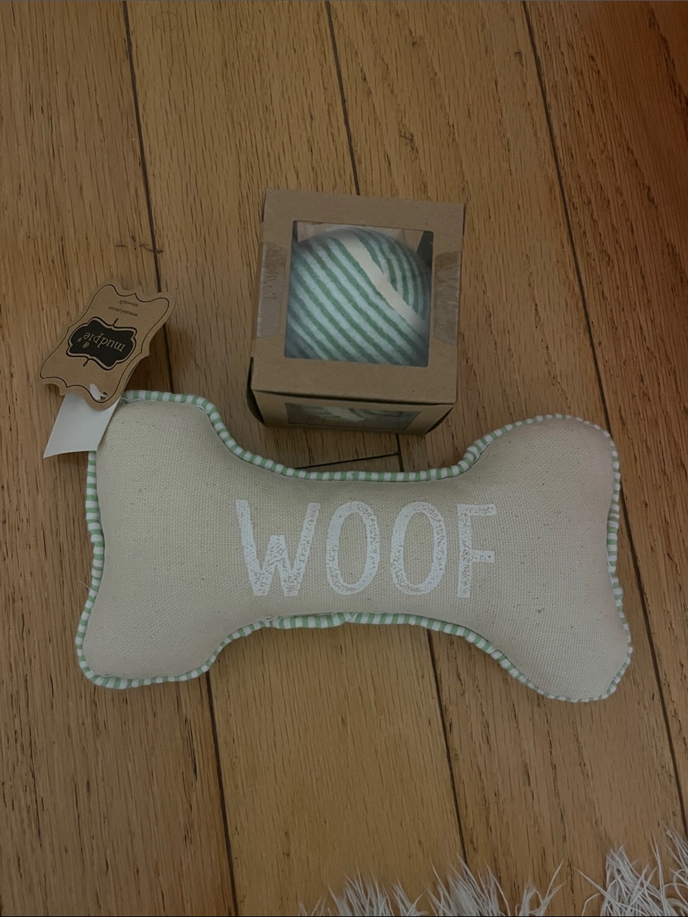 Mud Pie Cream Bone Toy with green seersucker tennis ball